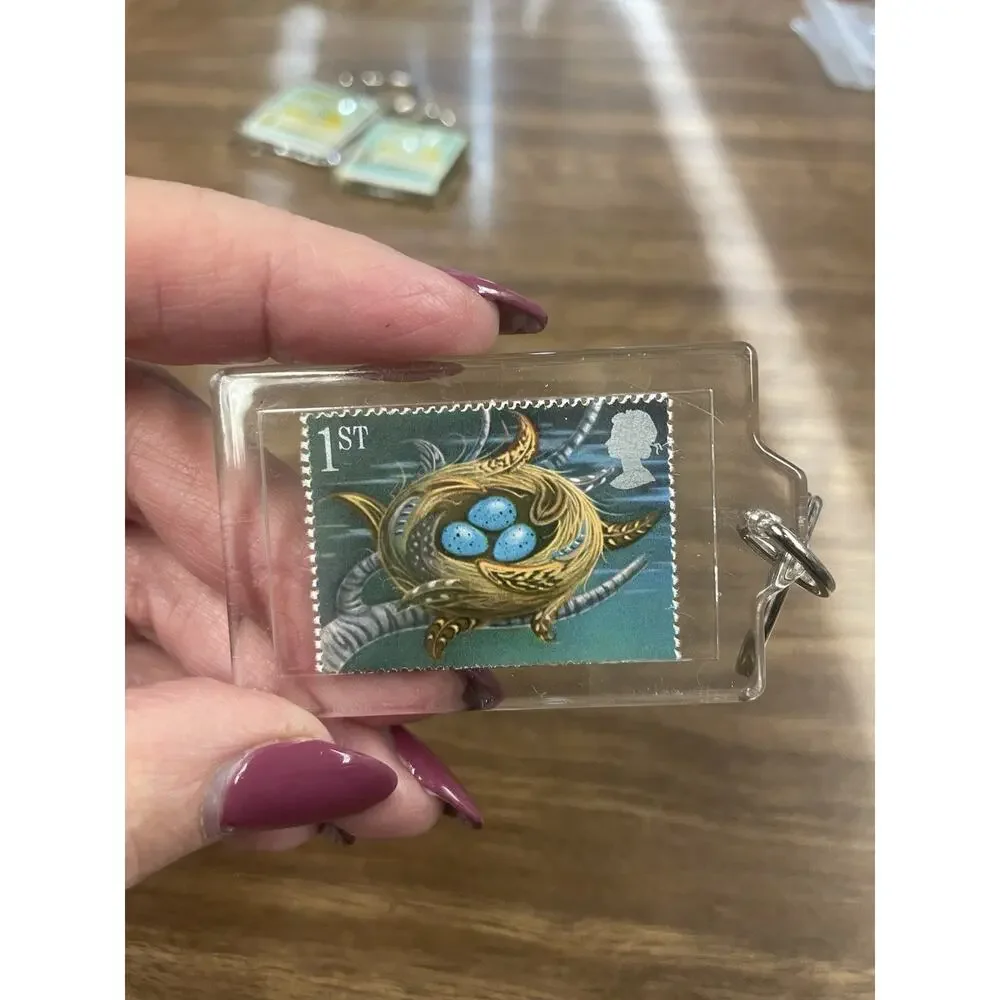 Vintage UK Stamp Keychain 1st Class Bird Nest Eggs Nature Wildlife